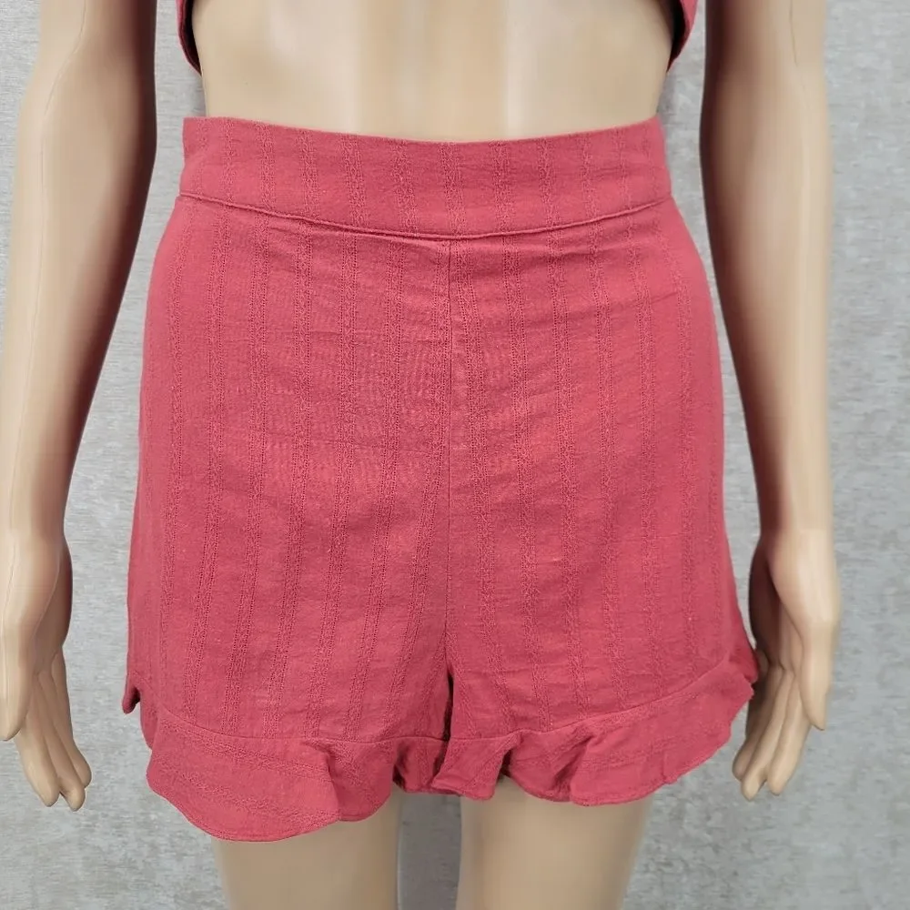 Cotton Red Two-Piece Knotted Tie Front Crop Top and Shorts Matching Set